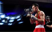 22 November 2019; Aidan Walsh of Monkstown, Co Antrim, kisses the cup after beating Callum Walsh of Riverstown, Co Cork, in their 69kg bout during the IABA Irish National Elite Boxing Championships Finals at the National Stadium in Dublin. Photo by Piaras Ó Mídheach/Sportsfile