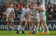 22 November 2019; Ulster players celebrate after the final whistle in the Heineken Champions Cup Pool 3 Round 2 match between Ulster and ASM Clermont Auvergne at Kingspan Stadium in Belfast. Photo by Oliver McVeigh/Sportsfile