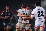 22 November 2019; Jordi Murphy of Ulster, centre, and Louis Ludik celebrate at the final whistle following the Heineken Champions Cup Pool 3 Round 2 match between Ulster and ASM Clermont Auvergne at the Kingspan Stadium in Belfast. Photo by Sam Barnes/Sportsfile