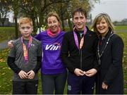 25 November 2019; The achievements of 15 young people from Just Ask Homework Club were recognised last Saturday the 23rd of November at Fairview parkrun as part of the Vhi Run For Fun programme. The 8-week course is supported by the Irish Youth Foundation and encourages young people from disadvantaged communities to embrace the benefits offered through running, culminating with a 5km parkrun. Youth leaders across Ireland are invited to apply for Run for Fun 2020 at https://iyf.ie/vhirunforfun/ before 6th December 2019 at 6pm. Pictured are Leon Farrell and Luke Fagan of Just Ask Homework Club, with Brighid Smyth, Head of Corporate Communications, Vhi, and Cllr. Deirdre Heney, following the Fairview parkrun, at Fairview Park, Dublin. Photo by Seb Daly/Sportsfile