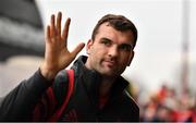 23 November 2019; Tadhg Beirne of Munster waves to fans on arrival prior to the Heineken Champions Cup Pool 4 Round 2 match between Munster and Racing 92 at Thomond Park in Limerick. Photo by Brendan Moran/Sportsfile