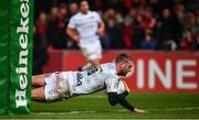 23 November 2019; Finn Russell of Racing 92 goes over to score his side's first try during the Heineken Champions Cup Pool 4 Round 2 match between Munster and Racing 92 at Thomond Park in Limerick. Photo by Sam Barnes/Sportsfile