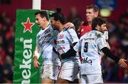 23 November 2019; Teddy Thomas of Racing 92, centre, celebrates with team-mates after scoring his side's second try during the Heineken Champions Cup Pool 4 Round 2 match between Munster and Racing 92 at Thomond Park in Limerick. Photo by Sam Barnes/Sportsfile