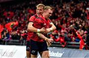23 November 2019; Keith Earls of Munster celebrates after scoring his side's first try with team-mate Mike Haley during the Heineken Champions Cup Pool 4 Round 2 match between Munster and Racing 92 at Thomond Park in Limerick. Photo by Brendan Moran/Sportsfile