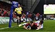 23 November 2019; Andrew Conway of Munster goes over to score his side's second try despite the efforts of Brice Dulin of Racing 92 during the Heineken Champions Cup Pool 4 Round 2 match between Munster and Racing 92 at Thomond Park in Limerick. Photo by Sam Barnes/Sportsfile