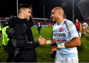 23 November 2019; Conor Murray of Munster and Simon Zebo of Racing 92 exchange a handshake after the Heineken Champions Cup Pool 4 Round 2 match between Munster and Racing 92 at Thomond Park in Limerick. Photo by Diarmuid Greene/Sportsfile