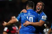 23 November 2019; Jordan Larmour, right, celebrates a try with Leinster team-mate Jonathan Sexton during the Heineken Champions Cup Pool 1 Round 2 match between Lyon and Leinster at Matmut Stadium in Lyon, France. Photo by Ramsey Cardy/Sportsfile