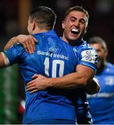 23 November 2019; Jordan Larmour, right, celebrates a try with Leinster team-mate Jonathan Sexton during the Heineken Champions Cup Pool 1 Round 2 match between Lyon and Leinster at Matmut Stadium in Lyon, France. Photo by Ramsey Cardy/Sportsfile
