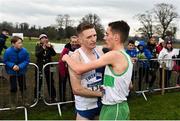 24 November 2019; Liam Brady of Tullamore Harriers A.C., Co. Offaly, left, is congratulated by Brian Fay of Raheny Shamrocks, Co. Dublin, after winning the Senior Men's event during the Irish Life Health National Senior, Junior & Juvenile Even Age Cross Country Championships at the National Sports Campus Abbotstown in Dublin. Photo by Sam Barnes/Sportsfile