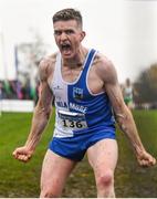 24 November 2019; Liam Brady of Tullamore Harriers A.C., Co. Offaly, celebrates winning the Senior Men's event during the Irish Life Health National Senior, Junior & Juvenile Even Age Cross Country Championships at the National Sports Campus Abbotstown in Dublin. Photo by Sam Barnes/Sportsfile