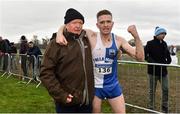 24 November 2019; Liam Brady of Tullamore Harriers A.C., Co. Offaly right, celebrates with his father Kevin Brady, after winning the Senior Men's event during the Irish Life Health National Senior, Junior & Juvenile Even Age Cross Country Championships at the National Sports Campus Abbotstown in Dublin. Photo by Sam Barnes/Sportsfile