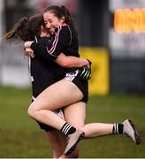 24 November 2019; Donoughmore players Leah Buckley, right, and Aoife Barrett celebrate at the full-time whistle following the All-Ireland Ladies Junior Club Championship Final match between Donoughmore and MacHale Rovers at Duggan Park in Ballinasloe, Co Galway. Photo by Harry Murphy/Sportsfile