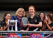 24 November 2019; Rena Buckley of Donoughmore receives the Player of the Match award from Marie Hickey, LGFA President, following the All-Ireland Ladies Junior Club Championship Final match between Donoughmore and MacHale Rovers at Duggan Park in Ballinasloe, Co Galway. Photo by Harry Murphy/Sportsfile