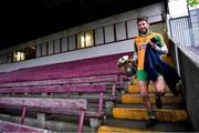 24 November 2019; Corofin captain Micheál Lundy makes his way to the dressing room with the Shane McGettigan Cup after finishing an RTÉ radio interview with Brian Carthy after the AIB Connacht GAA Football Senior Club Football Championship Final match between Corofin and Pádraig Pearses at Tuam Stadium in Tuam, Galway. Photo by Piaras Ó Mídheach/Sportsfile