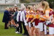 24 November 2019; Marie Hickey, LGFA President, meets the players prior to the All-Ireland Ladies Junior Club Championship Final match between Donoughmore and MacHale Rovers at Duggan Park in Ballinasloe, Co Galway. Photo by Harry Murphy/Sportsfile