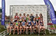 24 November 2019;  Girls U16 medallists with Athletics Ireland President Georgina Drumm during the Irish Life Health National Senior, Junior & Juvenile Even Age Cross Country Championships at the National Sports Campus Abbotstown in Dublin. Photo by Sam Barnes/Sportsfile