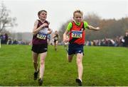 24 November 2019; Matthew Molloy of Mullingar Harriers A.C., Co. Westmeath, left, and David Coakley of Lucan Harriers AC, Co. Dublin, competing in the U12 Boy's event during the Irish Life Health National Senior, Junior & Juvenile Even Age Cross Country Championships at the National Sports Campus Abbotstown in Dublin. Photo by Sam Barnes/Sportsfile