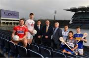 25 November 2019; In attendance at the announcement of UPMC as Official Healthcare Partner to the GAA/GPA are, from left, Cork footballer Brian Hurley, Kildare footballer Kevin Feely, Paul Flynn, CEO GPA, Uachtarán Cumann Lúthchleas Gael John Horan, David Beirne, Senior Vice President, UMPC, Waterford United hurler Austin Gleeson, WIT Camogie Player Shauna Quirke and Tipperary Hurler Jake Morris at Croke Park in Dublin. UPMC, which offers trusted, high-quality health services at UPMC Whitfield Hospital in Waterford and other facilities in Ireland, will work with the GAA/GPA to promote the health of Gaelic Players and the communities in which they play. Photo by Sam Barnes/Sportsfile