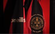26 November 2019; A detailed view of the Bohemians FC jersey during the Bohemians FC 2020 jersey launch at Dalymount Park in Dublin. Photo by Eóin Noonan/Sportsfile