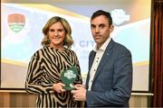 26 November 2019; Paul Wycherley, General Manager, Cork City, is presented with the Best Match Day Experience award by Leanne Shiel, Marketing & Sponsorship Manager at SSE Airtricity, at the SSE Airtricity League Club Awards at Knightsbrook Hotel in Trim, Co Meath. Photo by Stephen McCarthy/Sportsfile