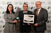 26 November 2019; Noel Byrne of Shamrock Rovers is presented with the Best Community Initiative Award by Ruth Rapple, SSE Airtricity, and Fran Gavin, FAI Director of Competitions, at the SSE Airtricity League Club Awards at Knightsbrook Hotel in Trim, Co Meath. Photo by Stephen McCarthy/Sportsfile