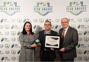 26 November 2019; Noel Byrne of Shamrock Rovers is presented with the Best Community Initiative Award by Ruth Rapple, SSE Airtricity, and Fran Gavin, FAI Director of Competitions, at the SSE Airtricity League Club Awards at Knightsbrook Hotel in Trim, Co Meath. Photo by Stephen McCarthy/Sportsfile