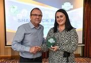 26 November 2019; Noel Byrne of Shamrock Rovers is presented with the Best Community Initiative Award by Ruth Rapple, SSE Airtricity, at the SSE Airtricity League Club Awards at Knightsbrook Hotel in Trim, Co Meath. Photo by Stephen McCarthy/Sportsfile