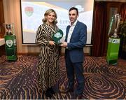 26 November 2019; Paul Wycherley, General Manager, Cork City, is presented with the Club of the Year Award by Leanne Shiel, Marketing & Sponsorship Manager at SSE Airtricity, at the SSE Airtricity League Club Awards at Knightsbrook Hotel in Trim, Co Meath. Photo by Stephen McCarthy/Sportsfile
