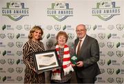 26 November 2019; Bernie Kealy of Derry City is presented with the Multi Media Club of the Season award by Leanne Shiel, Marketing & Sponsorship Manager at SSE Airtricity, and Fran Gavin, FAI Director of Competitions, at the SSE Airtricity League Club Awards at Knightsbrook Hotel in Trim, Co Meath. Photo by Stephen McCarthy/Sportsfile