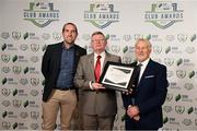 26 November 2019; James O'Donoghue, Bob Donovan and Willie Kane of Cobh Ramblers with the clubs Certificate of Commendation for Best Community Initiative at the SSE Airtricity League Club Awards at Knightsbrook Hotel in Trim, Co Meath. Photo by Stephen McCarthy/Sportsfile
