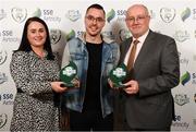 26 November 2019; Shane Crossan of Sligo Rovers is presented with both the Best Family Initiative and Supporters Contribution Award by Ruth Rapple, SSE Airtricity, and Fran Gavin, FAI Director of Competitions, at the SSE Airtricity League Club Awards at Knightsbrook Hotel in Trim, Co Meath. Photo by Stephen McCarthy/Sportsfile