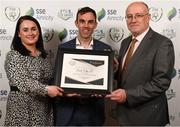 26 November 2019; Paul Wycherley of Cork City is presented with the Supporters Contribution Certificate of Commendation by Ruth Rapple, SSE Airtricity, and Fran Gavin, FAI Director of Competitions, at the SSE Airtricity League Club Awards at Knightsbrook Hotel in Trim, Co Meath. Photo by Stephen McCarthy/Sportsfile