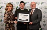 26 November 2019; David O'Rourke of Cork City is presented with the clubs Best Family Initiative Certificate of Commendation by Leanne Shiel, Marketing & Sponsorship Manager at SSE Airtricity and Fran Gavin, FAI Director of Competitions, at the SSE Airtricity League Club Awards at Knightsbrook Hotel in Trim, Co Meath. Photo by Stephen McCarthy/Sportsfile