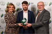 26 November 2019; Paul Deasy of Cork City is presented with the Best Overall Marketing award by Leanne Shiel, Marketing & Sponsorship Manager at SSE Airtricity and Fran Gavin, FAI Director of Competitions, at the SSE Airtricity League Club Awards at Knightsbrook Hotel in Trim, Co Meath. Photo by Stephen McCarthy/Sportsfile
