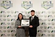 26 November 2019; Anthony White of Shelbourne is presented with a Commendation for Multi Media Activities Certificate by Ruth Rapple, SSE Airtricity, at the SSE Airtricity League Club Awards at Knightsbrook Hotel in Trim, Co Meath. Photo by Stephen McCarthy/Sportsfile