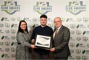 26 November 2019; Aaron Howey of Cork City is presented with a Commendation for Multi Media Activities Certificate by Ruth Rapple, SSE Airtricity, and Fran Gavin, FAI Director of Competitions, at the SSE Airtricity League Club Awards at Knightsbrook Hotel in Trim, Co Meath. Photo by Stephen McCarthy/Sportsfile