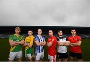 28 November 2019; Footballers, from left, Matthew Cody of Rathgarogue Cushinstown, Philly Garry of Clann na nGael, Darren O’Reilly of Ballyboden St Enda's, Jordan Lowry of Éire Óg, Mickey Jones of Mullinavat and Adrian Reid of Mattock Rangers during the launch of the AIB Leinster GAA Club Finals at MW Hire O'Moore Park in Portlaosie, Co Laois. Photo by Stephen McCarthy/Sportsfile