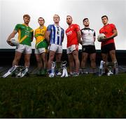 28 November 2019; Footballers, from left, Matthew Cody of Rathgarogue Cushinstown, Philly Garry of Clann na nGael, Darren O’Reilly of Ballyboden St Enda's, Jordan Lowry of Éire Óg, Mickey Jones of Mullinavat and Adrian Reid of Mattock Rangers during the launch of the AIB Leinster GAA Club Finals at MW Hire O'Moore Park in Portlaoise, Co Laois. Photo by Stephen McCarthy/Sportsfile