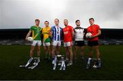 28 November 2019; Footballers, from left, Matthew Cody of Rathgarogue Cushinstown, Philly Garry of Clann na nGael, Darren O’Reilly of Ballyboden St Enda's, Jordan Lowry of Éire Óg, Mickey Jones of Mullinavat and Adrian Reid of Mattock Rangers during the launch of the AIB Leinster GAA Club Finals at MW Hire O'Moore Park in Portlaoise, Co Laois. Photo by Stephen McCarthy/Sportsfile