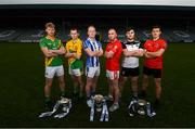 28 November 2019; Footballers, from left, Matthew Cody of Rathgarogue Cushinstown, Philly Garry of Clann na nGael, Darren O’Reilly of Ballyboden St Enda's, Jordan Lowry of Éire Óg, Mickey Jones of Mullinavat and Adrian Reid of Mattock Rangers during the launch of the AIB Leinster GAA Club Finals at MW Hire O'Moore Park in Portlaoise, Co Laois. Photo by Stephen McCarthy/Sportsfile