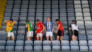 28 November 2019; Footballers, from left, Philly Garry of Clann na nGael, Matthew Cody of Rathgarogue Cushinstown, Jordan Lowry of Éire Óg, Darren O’Reilly of Ballyboden St Enda's, Adrian Reid of Mattock Rangers and Mickey Jones of Mullinavat during the launch of the AIB Leinster GAA Club Finals at MW Hire O'Moore Park in Portlaoise, Co Laois. Photo by Stephen McCarthy/Sportsfile