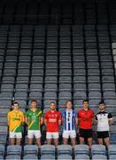 28 November 2019; Footballers, from left, Philly Garry of Clann na nGael, Matthew Cody of Rathgarogue Cushinstown, Jordan Lowry of Éire Óg, Darren O’Reilly of Ballyboden St Enda's, Adrian Reid of Mattock Rangers and Mickey Jones of Mullinavat during the launch of the AIB Leinster GAA Club Finals at MW Hire O'Moore Park in Portlaoise, Co Laois. Photo by Stephen McCarthy/Sportsfile