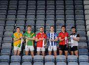 28 November 2019; Footballers, from left, Philly Garry of Clann na nGael, Matthew Cody of Rathgarogue Cushinstown, Jordan Lowry of Éire Óg, Darren O’Reilly of Ballyboden St Enda's, Adrian Reid of Mattock Rangers and Mickey Jones of Mullinavat during the launch of the AIB Leinster GAA Club Finals at MW Hire O'Moore Park in Portlaoise, Co Laois. Photo by Stephen McCarthy/Sportsfile