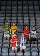 28 November 2019; Footballers, from left, Matthew Cody of Rathgarogue Cushinstown, Philly Garry of Clann na nGael, Jordan Lowry of Éire Óg, Darren O’Reilly of Ballyboden St Enda's, Adrian Reid of Mattock Rangers and Mickey Jones of Mullinavat during the launch of the AIB Leinster GAA Club Finals at MW Hire O'Moore Park in Portlaoise, Co Laois. Photo by Stephen McCarthy/Sportsfile