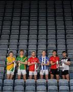 28 November 2019; Footballers, from left, Philly Garry of Clann na nGael, Matthew Cody of Rathgarogue Cushinstown, Jordan Lowry of Éire Óg, Darren O’Reilly of Ballyboden St Enda's, Adrian Reid of Mattock Rangers and Mickey Jones of Mullinavat during the launch of the AIB Leinster GAA Club Finals at MW Hire O'Moore Park in Portlaoise, Co Laois. Photo by Stephen McCarthy/Sportsfile