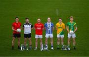 28 November 2019; Footballers, from left, Adrian Reid of Mattock Rangers, Mickey Jones of Mullinavat, Jordan Lowry of Éire Óg, Darren O’Reilly of Ballyboden St Enda's, Philly Garry of Clann na nGael and Matthew Cody of Rathgarogue Cushinstown during the launch of the AIB Leinster GAA Club Finals at MW Hire O'Moore Park in Portlaoise, Co Laois. Photo by Stephen McCarthy/Sportsfile