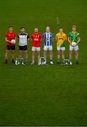 28 November 2019; Footballers, from left, Adrian Reid of Mattock Rangers, Mickey Jones of Mullinavat, Jordan Lowry of Éire Óg, Darren O’Reilly of Ballyboden St Enda's, Philly Garry of Clann na nGael and Matthew Cody of Rathgarogue Cushinstown during the launch of the AIB Leinster GAA Club Finals at MW Hire O'Moore Park in Portlaoise, Co Laois. Photo by Stephen McCarthy/Sportsfile