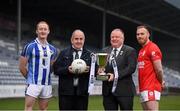28 November 2019; AIB Leinster Senior Club Football Championships finalists Darren O’Reilly of Ballyboden St Enda's and Jordan Lowry of Éire Óg with Leinster GAA Treasurer Pat Lynagh and Leinster GAA Chairman Jim Bolger during the launch of the AIB Leinster GAA Club Finals at MW Hire O'Moore Park, in Portlaoise, Co Laois. Photo by Stephen McCarthy/Sportsfile