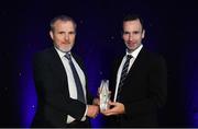 28 November 2019; Terry McConnon is presented with the Ultra Runner of the Year award on behalf of  Caitriona Jennings, who was unable to attend, by John O'Regan during the Irish Life Health National Athletics Awards 2019 at Crowne Plaza Hotel, Blanchardstown, Dublin. Photo by Eóin Noonan/Sportsfile