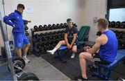 3 December 2019; Jonathan Sexton, centre, in conversation with Senior physiotherapist Karl Denvir and Dan Leavy during a Leinster Rugby gym session at Leinster Rugby Headquarters in UCD, Dublin. Photo by Ramsey Cardy/Sportsfile